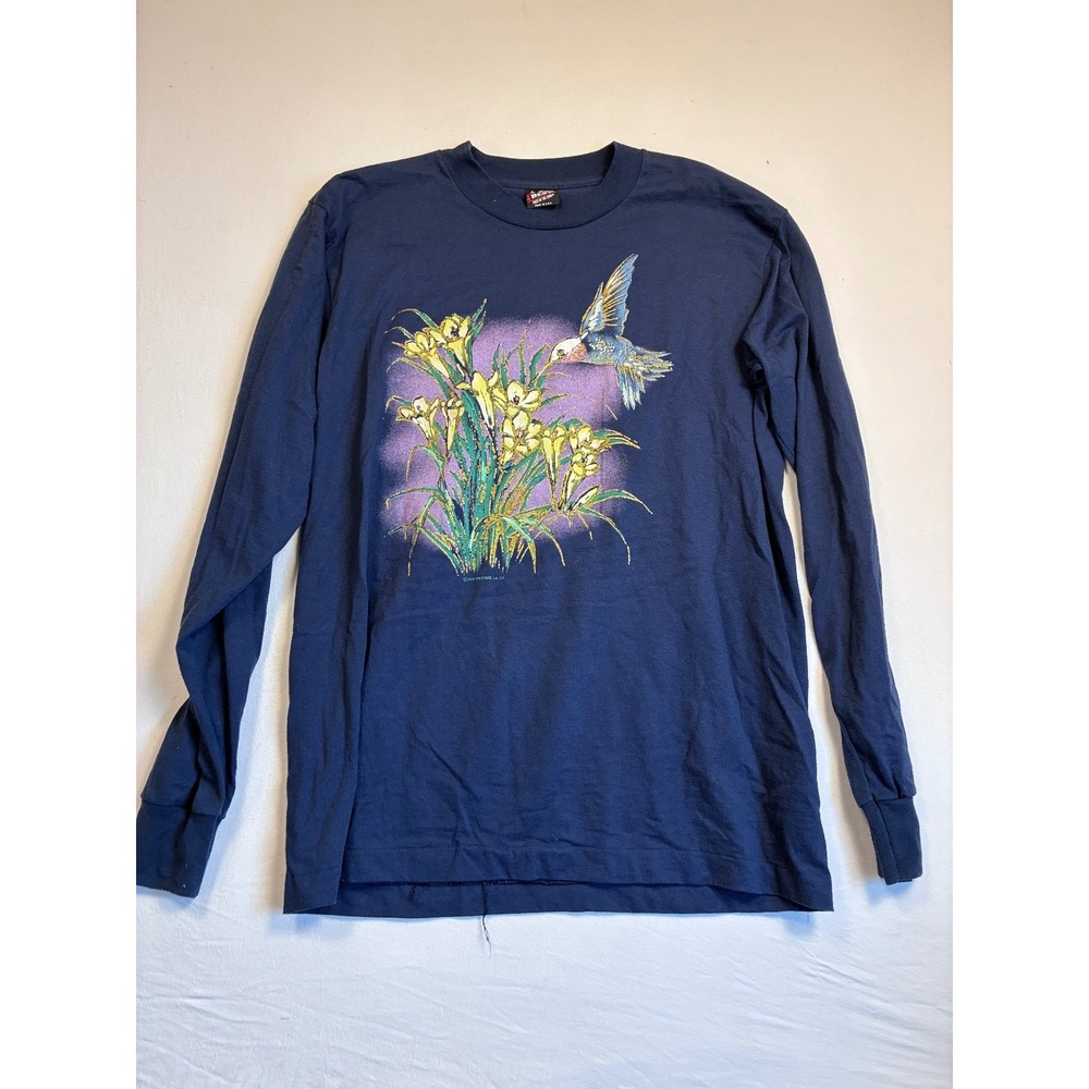 Vintage Fruit of the Loom Hummingbird Floral T-Shirt Long Sleeve L Single Stitch
